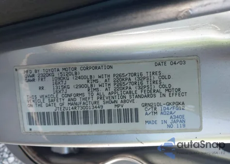 2003 Toyota 4Runner Sr5 V6 from USA, damaged, VIN JTEZU14R730013449